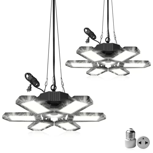 Chaîne Led Garage l'éclairage 185W 2pcs, WZTO E27 Liable Éclairage Garage à Led 6+1 Panneaux Réglables avec Cordon d'alimentation 1.5M Lampe Garage Atelier 6500K 18500LM Cover