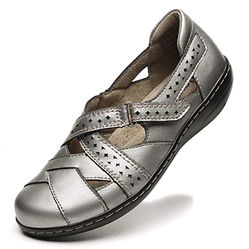 Irrefour Women's Classic Metallic Champagne Genuine Leather Casual Loafer Cute Slip-On Fashion Closed Toe Flat Sandal Comfy Work Sandal Everyday Walking Shoe 1607-GT095