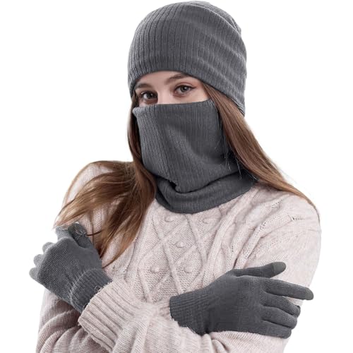 Cexiakong Onvavient - Set di guanti da uomo e da donna, in maglia invernale, con fodera in pile, per touchscreen, accessori invernali, Grigio 1, Taglia unica