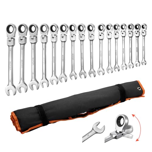 Image of VEVOR Flex-Head Ratcheting Wrench Set, 30-Piece SAE and Metric, 72 Teeth, Cr-V Steel Ratchet Flexible Combination Wrench Set with Roll Up Pouch, for General Household and Automotive Repairs, Silver
