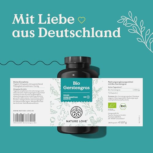 NATURE LOVE® Bio Gerstengras - 180 Kapseln - 500mg pro Kapsel - aus deutschem Anbau - - Hochdosiert, laborgeprüft, zertifiziert Bio, in Deutschland produziert