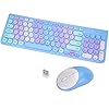 Combo de teclado y mouse inalámbricos, teclado retro con teclas redondas, USB de 2.4 GHz lindo teclado inalámbrico mouse para computadora, escritorio, laptop y computadora (azul arcoíris)