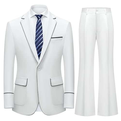 MOGU Mens 2 Pieces White Dress Suit One Button Slim Fit Tuxedo Notched Lapel Jacket and Bell Bottom Pants for Wedding Prom