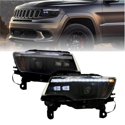SONAR Projector Headlight Assembly for 2014-2021 Jeep Grand Cherokee WK2 Fit Factory Halogen Model Only with Startup Animation Sequential Turn Signal Light Black Housing Clear Lens Headlamp