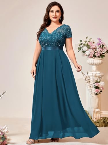 Image of Miusol Women's Plus Size Sequin Floral Lace V Neck Formal Gowns Evening Party Chiffon Maxi Dress
