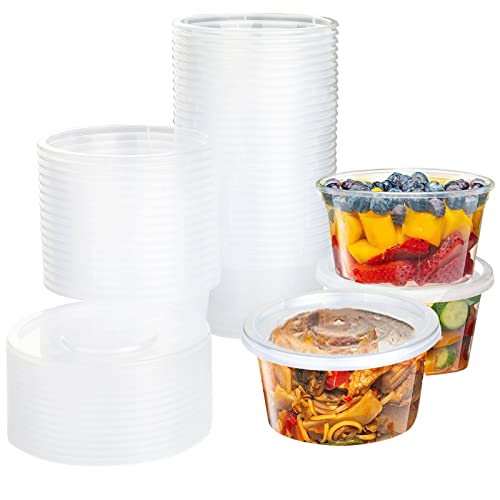 Surflyee 50 Piezas Tarros de Plastico con Tapa Pequeños, 450ML Reutilizables Recipientes Comida, Indicado para Salsas, Sopas, Condimentos, Cremas, Cuadros de Diamantes, Manualidades, etc