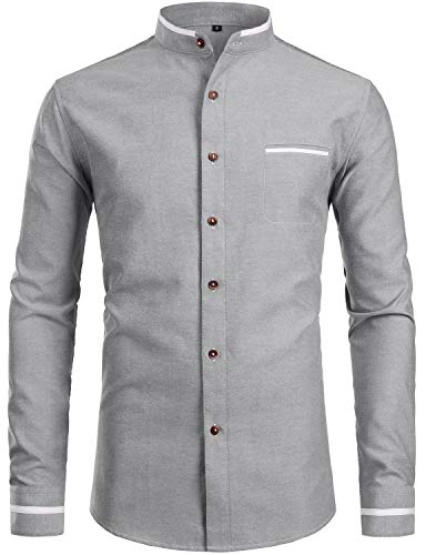 Image of ZEROYAA Mens Hipster Mandarin Collar Slim Fit Long Sleeve Casual Button Down Oxford Dress Shirt with Pocket