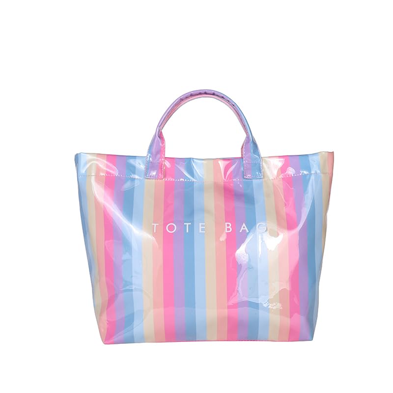 Image of Lushandy Striped PVC Tote Bag for Women, Checkered Plastic Tote Bag for Beach Pool Large Plaid Letters Print Hobo Handbag