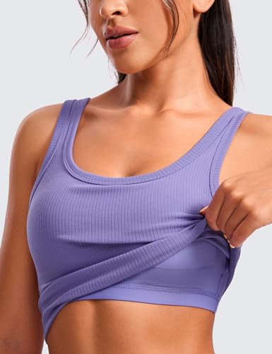 Image of CRZ YOGA Ribbed U Neck Crop Tank Tops | Medium Support, Removable Pads, Casual, Wide Straps, Longline Sports Bras for Women