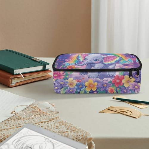 Image of Elephant Baby Flower Pencil Case for Girls Large Pencil Pouch for Kids Butterfly Rainbow Pencil Bag for Children Cute Pencil Box for Boys Students Pencil Organizer Handbag for Study