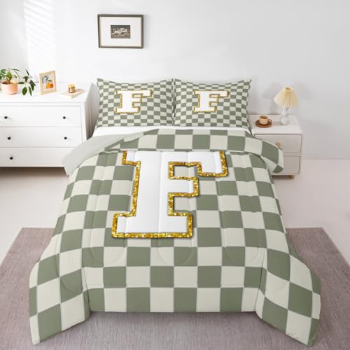 Image of Erosebridal Sage Green Checkered Kids Comforter Sets Plaid Initial F King Bedding Set for Adults Personalized Monogram Comforter Set,Fashion Grids Gingham Quilt Duvet 3 Pcs