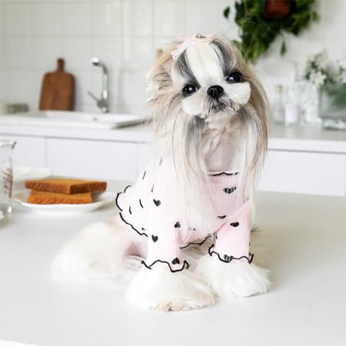 Yaopelky Haustierkleidung für kleine Hunde und Katzen, Sommer, Herbst, Herzmuster, dehnbar, Rüschen, langärmelige Outfits für Chihuahua, Schnauzer, Shih Tzu, Yorkie (Rosa, M)