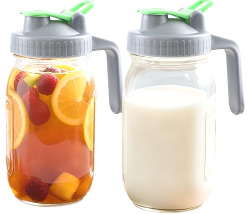 Image of Mason Jar Pitcher With Pour Lid 32 Oz Glass Breast milk Storage Jug 1 Quart Wide Mouth Glass Tea Pitcher With Handle Creamer Container For Fridge Juice, Cold Brew Coffee,Lemonade,Beverage 2 Set