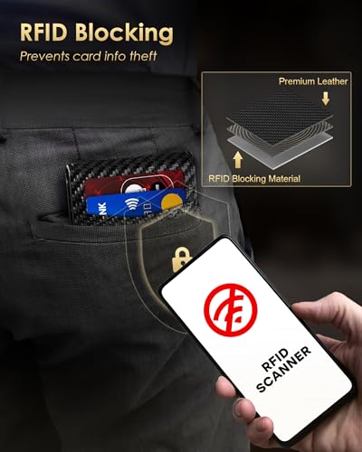Image of 2026 Upgraded Minimalist Wallet for Men - RFID Blocking Credit Card Holder Case Leather Pop Up Aluminum Wallet with Cash Slot, Front Pocket ID Window Gift Boxed (Carbon Fiber - with Airtag Holder)