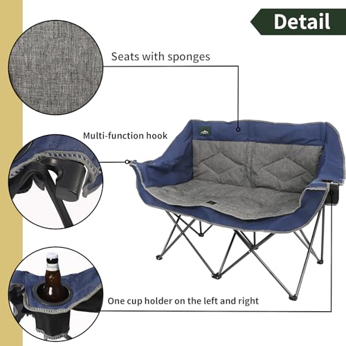 Silla plegable Northroad Loveseat para camping, doble, acolchonada, portátil, para 2 personas, con porta vasos y almacenamiento, soporte 500 libras, color azul gris miniatura 6