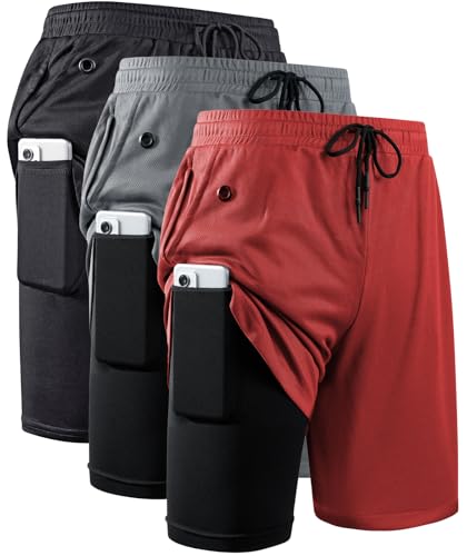 JWJ 3 Pack Men's 2 in 1 Workout Running Shorts 7 Inch Lightweight Athletic Gym Shorts with Compression Liner Black Dark Grey Red L