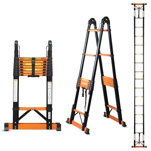 Image of Plantex (3.3+3.3m) (21.65 ft.) Telescopic Ladder /Carbon Steel A Type (Dual) Portable & Compact Ladder /Foldable Multipurpose Collapsible Ladder for Home & Outdoor Use - (Orange)