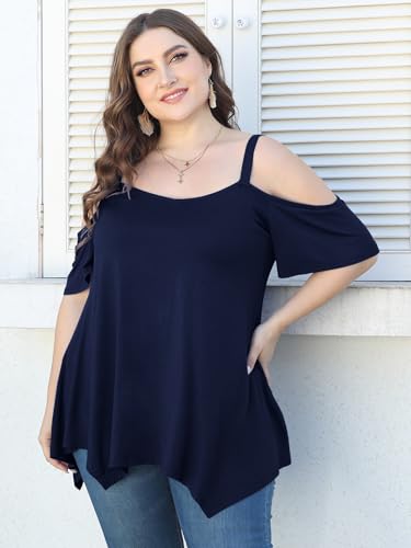 Image of LARACE Cold Shoulder Tops for Womens Summer Clothes Spaghetti Strape Tunic Oversized Shirts Asymmetrical Plus Size Blouse