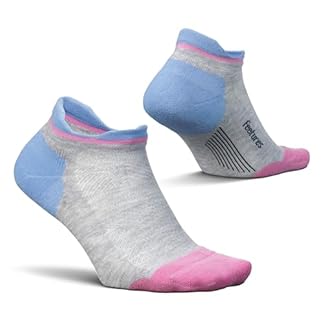 Feetures Elite Max Cushion No Show Tab Ankle Socks: Gradient design from blue to pink.