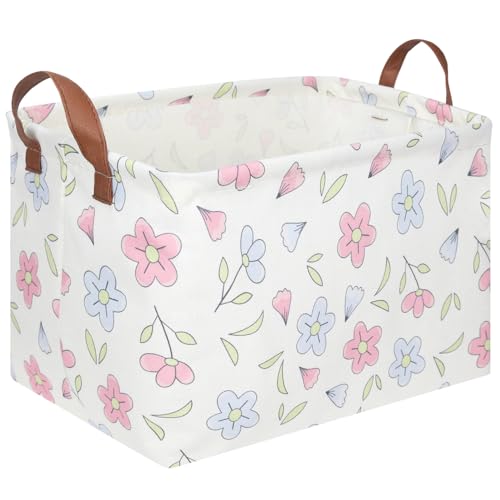 Image of FXOLCSHE Rectangular Flower Basket,kids laundry Hamper,Baby Girls Nursery Hamper,Waterproof foldable Kid's storage basket,Clothes Organizer Basket,Girls Room Decor(Blue flowers)