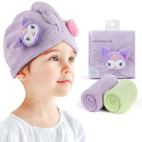 MINISO Kuromi - Toalla de microfibra para el cabello, toalla de microfibra antibacteriana 3D para cabello, bonita toalla turbante con botón para niña
