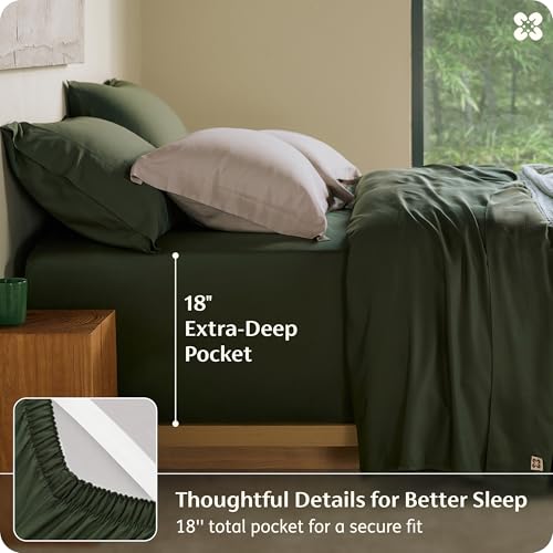 Image of Bedsure 100% Organically Grown Bamboo Viscose King Size Sheets Set | Cooling Bedsheets for Hot Sleepers | Luxury Silky Soft | 18 inch Deep Pocket with Corner Straps | Oeko-Tex Certified [Olive Green]