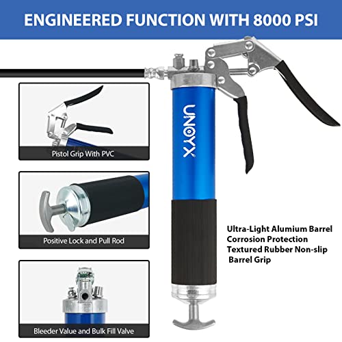 Unoyx Grease Gun, 8000Psi Pistol Grip Grease Gun, Ultra-Light Aluminum Grease Gun With 14Oz Load, Rigid Hose, Standard Coupler And Needle Nose Adapter, For Car Trucks Tractors Marine Bearings #TOP2
