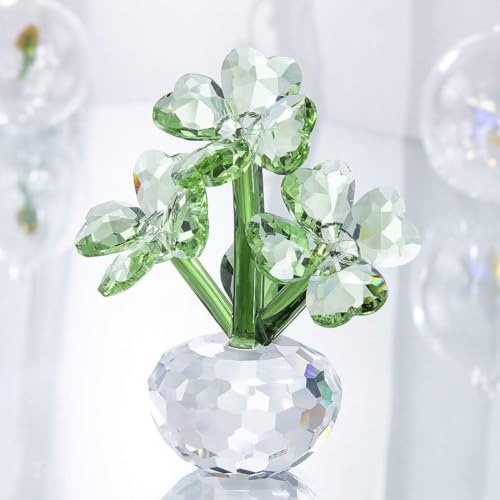 MACEROES Crystal Flower Four-Leaf Clover Figurine Collectibles,Lucky Flower Gifts for Mom Girlfriend Women,Table Bookshelf Car Decor Glass Flower Ornaments for Home Office Tabletop Centerpieces