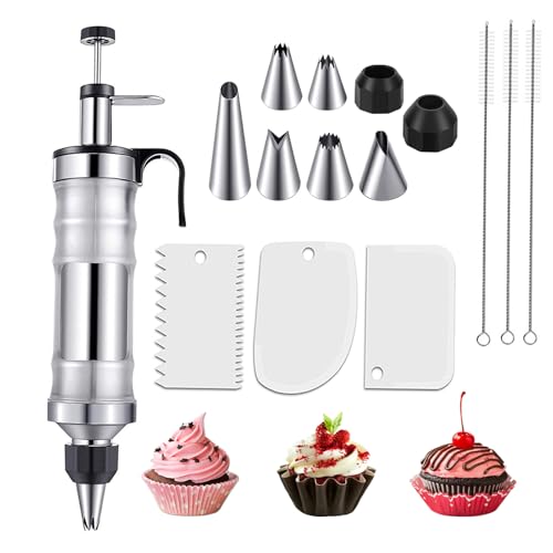 Dessert Decoration Syringe Kits,15 Pieces Cake Master Decorating Supply Set,Cupcake Filling Injector with 6 Icing Nozzles and 3 Cream Scrapers,Reusable Baking Tools-Silver