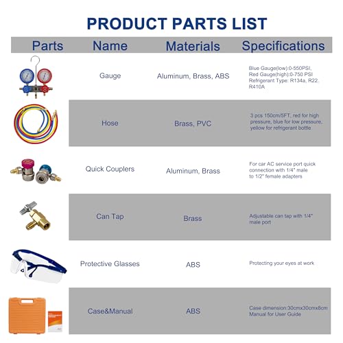 BACOENG Klimaanlage Auto Befüllen Set, R134a Kältemittel Nachfüllset mit 150cm Schlauchset Schnellkupplung, Manifold Gauge Set Geeignet für Kältemittel R134A R410A R407C-6