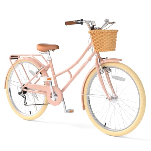 XJD Beach Cruiser Bike 24/26 Inch Commuter Bicycle with Basket & Rear Rack 7-Speed City Bikes for Youth Comfortable Urban Bike for Commuting (Inches 24 Pink)