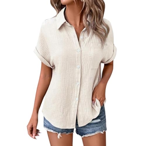 Generisch Musselin Bluse Damen Sommer Hemdbluse Baumwolle Kurzarm Leinenbluse Oberteile V Ausschnitt Longbluse Tunika mit Tasche Beige M