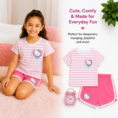 Image of Hello Kitty Girls Short Set - 2 Piece Short Sleeve Graphic Tee and Shorts Clothing Outfits (Sizes: 2T-12)