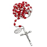 Divine Mercy Chaplet | Cadena cuádruple entrelazada en tono plateado con cuentas de plástico rojas vibrantes | Gran regalo católico para primera comunión y confirmación, Plástico, No es una piedra
