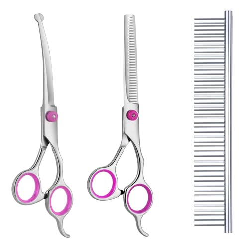 Maxshop Dog Grooming Scissors with Safety Round Tips, Heavy Duty Titanium Pet Grooming Trimmer Kit, Professional Thinning Shears, Curved Scissors with Comb for Dogs and Cats (Pink Set of 3)