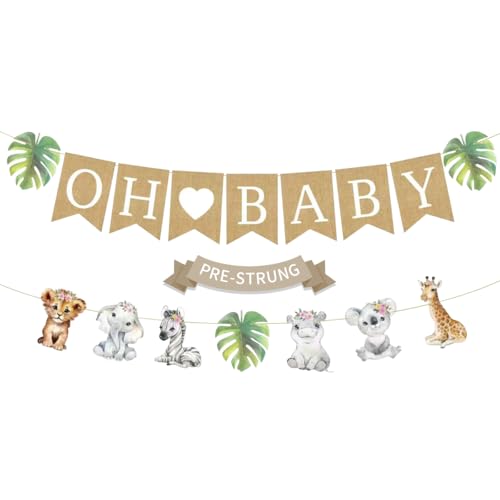 Image of Weecent Pre-Strung 6ft Burlap Oh Baby Banner for Safari Baby Shower Decorations Jungle Animals Girls Gender Reveal Party Decor