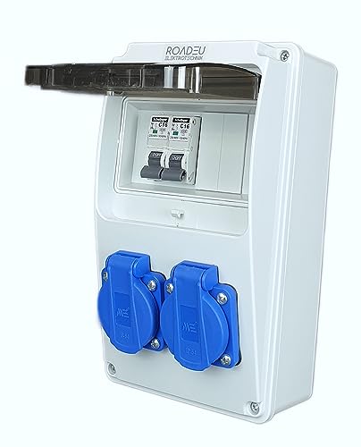 RoadEu - Distribuidor de corriente 230V con 2 enchufes Schuko y 2 interruptores C16A. Cableado, Caja cuadro electrico para interiores y exteriores. Ideal para talleres, cobertizos y jardines.
