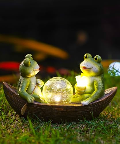 Goodeco Solar Gartenfigur Frösche im Ruderboot mit LED-Beleuchtung Wetterfeste Gartendeko aus Resin für Terrasse & Beet Originelle Geschenkidee für Naturliebhaber