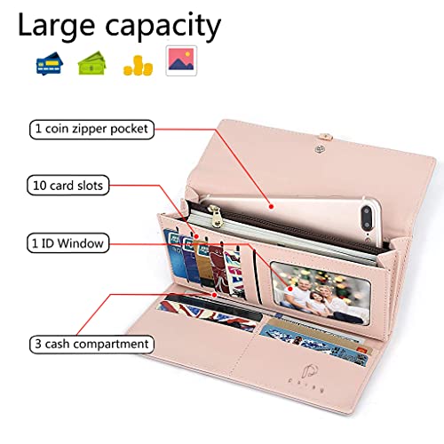 Image of PALAY Women's PU Leather Long Wallet with Leaf Pendant Card Holders Phone Pocket Girls Zipper Coin Purse (Pink) | Organized Storage with Card Holders and Phone Pocket; PU Leather, Zipper Coin Compartment, Leaf Pendant Detail for Daily Carr