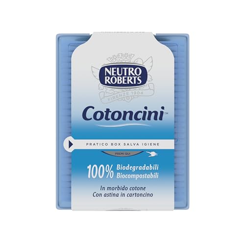 Neutro Roberts - Cotoncini con Box Salva Igiene - Cotton Fioc Morbidi e Biodegradabili con Astina in Cartoncino - Cotoncini con Camomilla, Ideali per Bambini - Confezione da 260 Pezzi