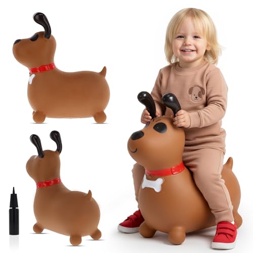 sun baby Hüpftiere ab 1 Jahr mit Pumpe aufblasbares Hüpfspielzeug aus Hochwertigem und Strapazierfähigem Gummi, Verschiedene Designs (Brauner Hund)