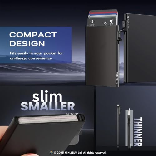 Image of MINI2BUY Slim Aluminum Customized Your Name Card Holder Wallet for Men Women RFID Blocking Minimalist Durable Metal Pop Up Wallet Pocket for Cash, Credit, Debit, ATM Cards (Push-Black)