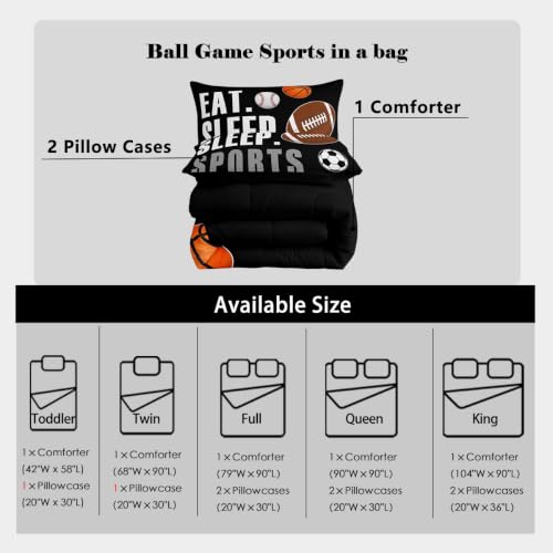Image of Feelyou Twin Size Sports Comforter Set Boys Girls Bedding Set for Sports Lover Gift Ultra Soft Football Soccer Basketball Baseball Quilt Breathable Lightweight Microfiber Black Ball Game Room Decor