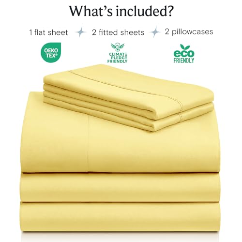 Image of LuxClub Split King Sheets for Adjustable Bed, Deep Pocket Split King Sheets Set 5PC, Cooling Sheet Split King Size, Soft Hotel Luxury Bedding, Silky Fitted Sheet & Pillowcase Sets, Lemon Yellow