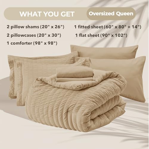 Image of HYMOKEGE Khaki Oversized Queen Comforter Set Seersucker 7 Pieces, All Season Luxury Bed in a Bag for Bedroom, Bedding Set with Comforter, Sheets, Pillowcases & Shams