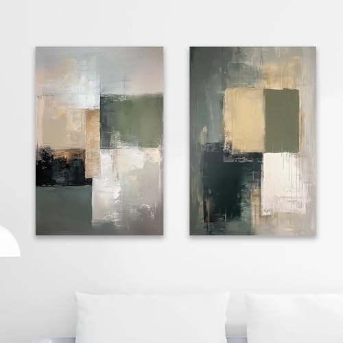 Tableau moderne pour salon chic | Grand diptyque vert foncé et gris