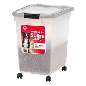 IRIS USA Airtight Dog Food Storage Container, WeatherPro, Up to 50 lbs, Removable Wheels, for Dog Cat Bird and Other Pet Food Storage Bin, Keep Fresh, Translucent Body, Made in USA, Clear/Gray
