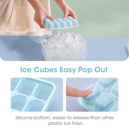 DOQAUS Ice Cube Tray with Lid and Bin, 4 Pack Silicone Plastic Ice Cubes Trays for Freezer with Box/Container, Stackable with Storage Iced Bucket Kits, Scoop, for RV, Soup, Food, Cocktail, Coffee