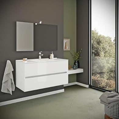Foto di Kiamami Valentina - Mobile bagno con cassetti 100cm lavabo e specchio bianco lucido | Benaco