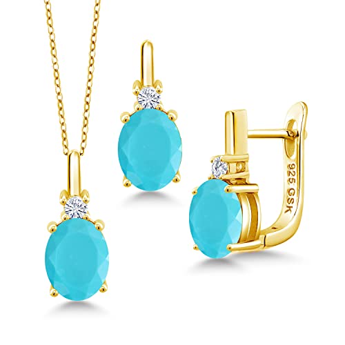 Gem Stone King 4.70 Ct Green Turquoise G-H Lab Grown Diamond 18K Yellow Gold Plated Silver Pendant with Chain Earrings Set